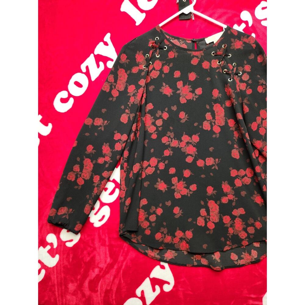 Michael Kors Womens Large Black Red Floral Blouse Lace Up Neck Long Sleeve Top